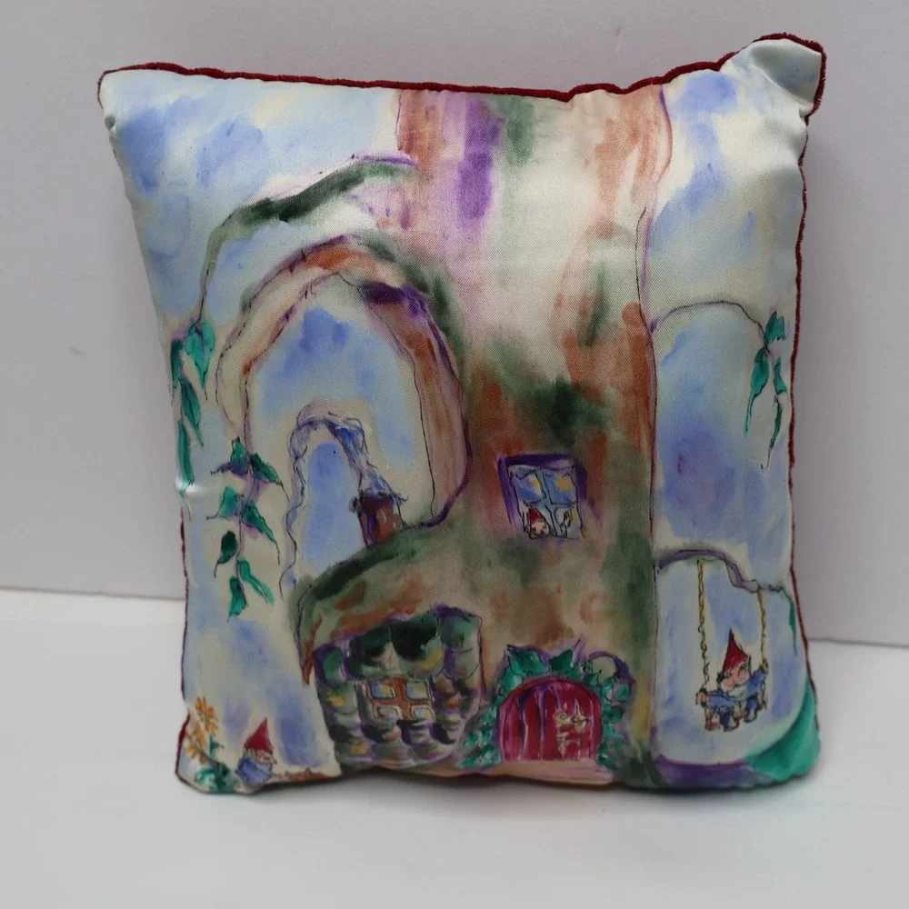VTG 90s Hand Painted Silk Gnome Treehouse Small Pillow Red Velvet Back 9